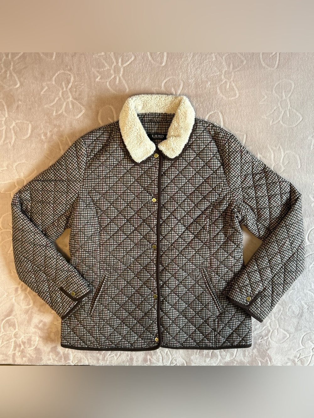Lauren Ralph Lauren Quilted Jacket Faux Shearling Collar Heritage Plaid Coat